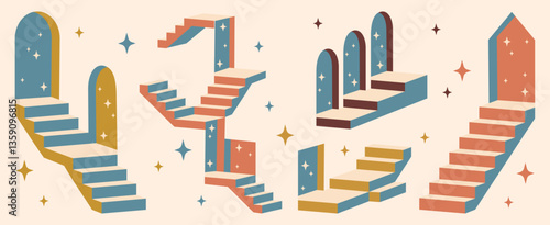 Retro surreal stairs set - abstract geometric ladders with doors, winding steps silhouettes. Vintage staircases shapes collection of unusual architecture elements, fairytale entrance concepts.