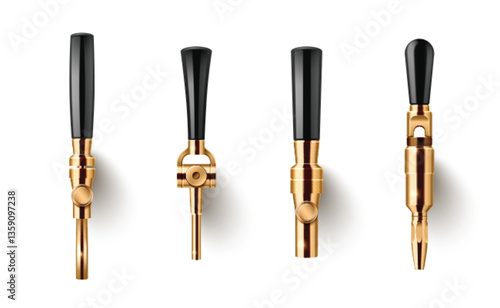 Beer tap handles collection - black plastic and golden metal faucets. Draft beer dispenser taps with ball knob, various shapes for brewery, pub, bar. Realistic keg spigots, fonts isolated on white.