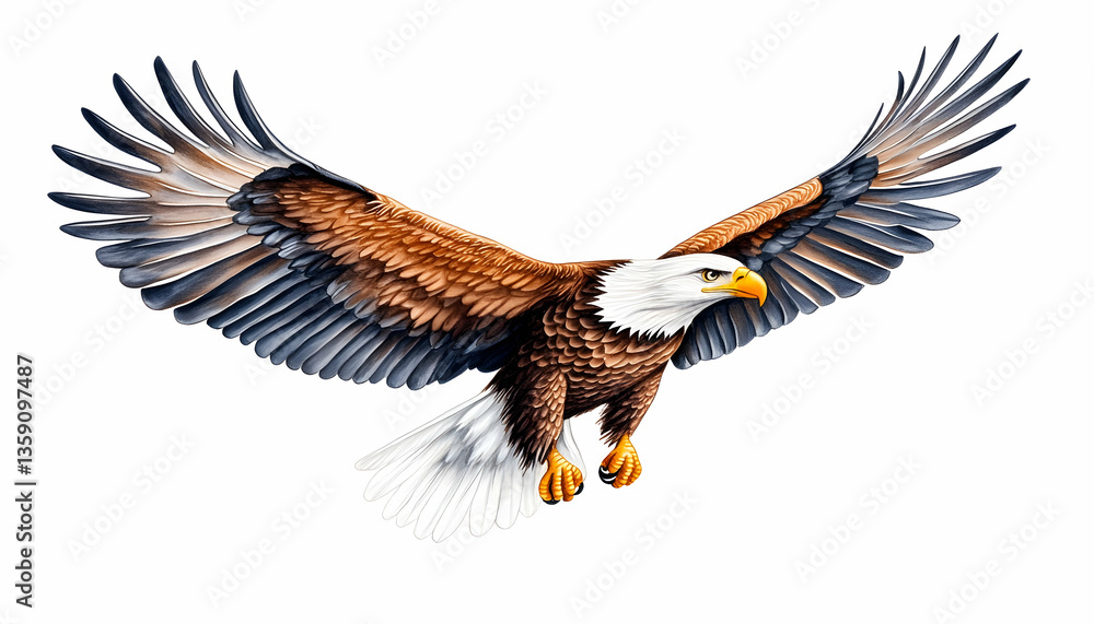 Fototapeta premium Majestic bald eagle in flight, wings outstretched, isolated on white