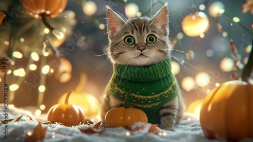 A cute kitten wearing a green sweater sits among small pumpkins in a snowy setting, surrounded by warm, glowing lights. Perfect for festive and holiday themes, capturing a cozy and whimsical winter