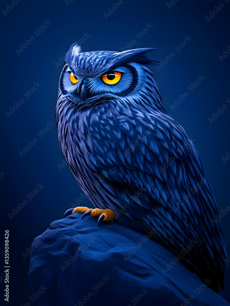 Obraz premium Majestic blue owl perched on a rock against a dark blue background
