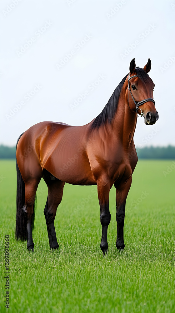 Majestic chestnut stallion standing in a verdant pasture Majestic chestnut stallion standing in a verdant pasture