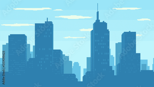 Day time cityscape pixel art. High buildings silhouette and clouds. 2d pixel video game background of daytime with modern skyscrapers in city. Seamless when docking horizontally.