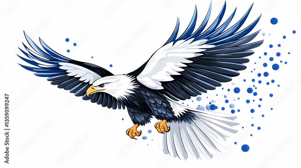 Obraz premium Majestic eagle in flight, wings spread wide, blue accents, white background