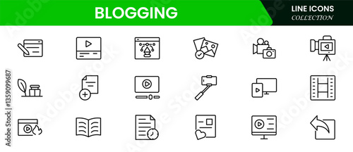 Blogging icon collection. Containing, influencer, content, creation, vlogger, social media, digital marketing, and community icons. Vector illustration.