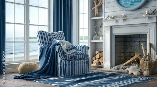 A cozy living room with a nautical theme features a striped armchair draped in a blanket, a soft rug, and a fireplace. The room's large windows offer a view of the ocean, enhancing the serene and