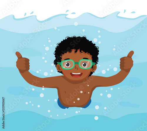 Little boy swimming diving underwater in the pool showing thumb up
