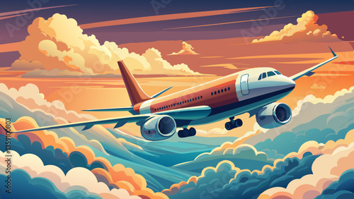 Wide angle shot of a passenger plane flying above the clouds and a clear sky, shot in high resolution ,soft style.