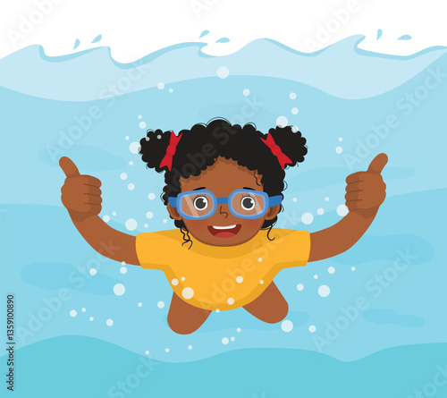 Little African girl swimming diving underwater in the pool showing thumb up
