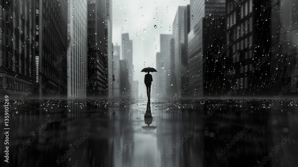 A solitary figure stands with an umbrella in a rain-soaked city, surrounded by towering buildings. The scene, captured in monochrome, highlights the stark contrast between the small human presence and