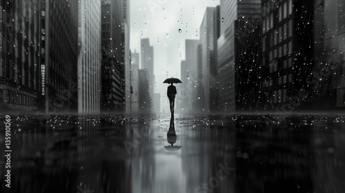 Obraz na płótnie A solitary figure stands with an umbrella in a rain-soaked city, surrounded by towering buildings. The scene, captured in monochrome, highlights the stark contrast between the small human presence and w salonie