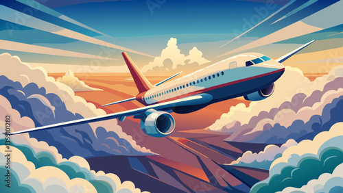 Wide angle shot of a passenger plane flying above the clouds and a clear sky, shot in high resolution ,soft style.