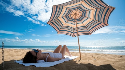 Beach vacation, girl sunbathing, beach getaway, seaside holiday, girl under a beach umbrella, summer relaxation, ocean photo.