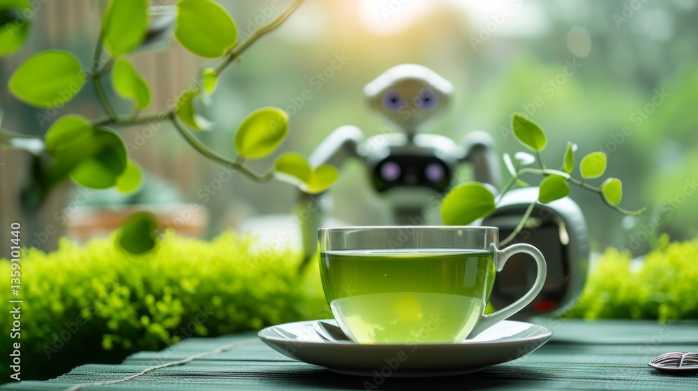 A modern robot stands in the background while a cup of green tea sits in the foreground on a garden table. The combination of technology and nature creates an intriguing contrast, reflecting themes of