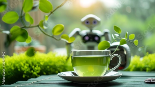 Obraz na płótnie A modern robot stands in the background while a cup of green tea sits in the foreground on a garden table. The combination of technology and nature creates an intriguing contrast, reflecting themes of w salonie