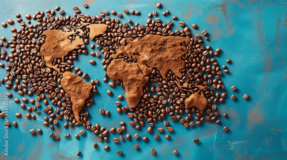 Artistic representation of the world map created with coffee beans and grounds on a textured blue surface. Ideal for coffee-related content and travel enthusiasts.