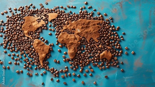 Obraz na płótnie Artistic representation of the world map created with coffee beans and grounds on a textured blue surface. Ideal for coffee-related content and travel enthusiasts. w salonie