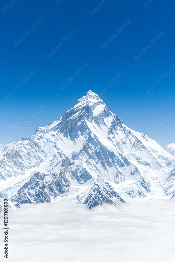 Majestic snow-capped peak rising above a sea of clouds under a vibrant blue sky Majestic snow-capped peak rising above a sea of clouds under a vibrant blue sky