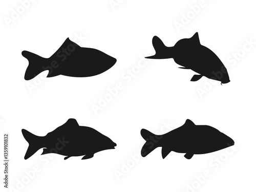 Silhouettes of groups of fishes on white. A gold fish silhouette. Cute carp fish silhouette illustration. silhouette of a carp fish on white. Vector illustration on a white background.