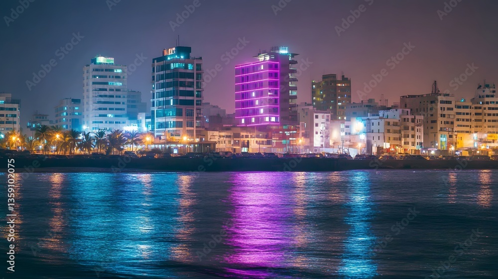 Fototapeta premium Night View of Coastal City Skyline with Vibrant Building Lights