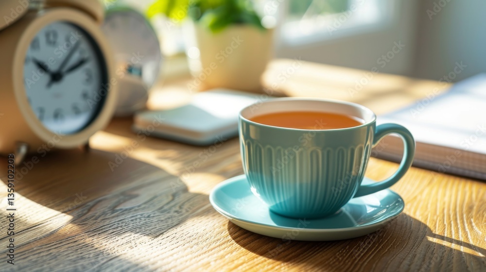 A cozy indoor scene featuring a tea cup and an alarm clock on a wooden table, bathed in morning light. The soft shadows and warm colors create a welcoming and peaceful atmosphere, perfect for themes
