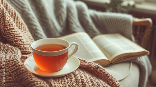 A comforting scene featuring a cup of tea on a saucer placed atop a knitted blanket, next to an open book on a cozy armchair. Perfect for themes of relaxation and reading in a warm, inviting setting.