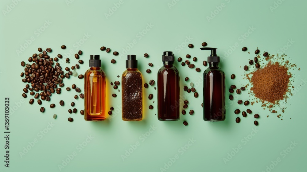 Row of coffee bottles with beans and ground coffee on a green background, combining simplicity and elegance. Ideal for showcasing coffee products and ingredients in a clean, modern setting.