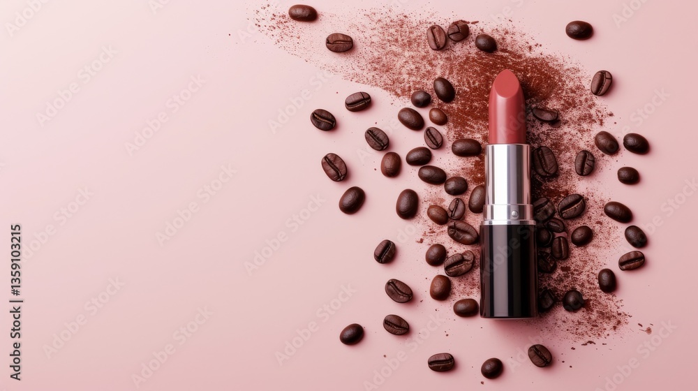 Lipstick surrounded by scattered coffee beans and cocoa powder on a pink background. The rich textures and colors create a striking image, ideal for beauty and coffee product promotions, as well as