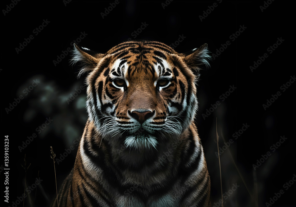 Fototapeta premium Fierce Tiger Portrait with Dramatic Dark Background