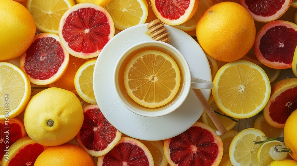 Overhead shot of a white cup filled with lemon tea, surrounded by a variety of citrus fruits, including blood oranges and lemons. The bright and colorful arrangement highlights the freshness and zest