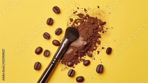 A close-up of a makeup brush surrounded by coffee beans and ground coffee on a bright yellow background. The image highlights the contrasting textures and colors, making it ideal for beauty and food