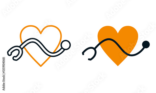 Orange heart with stethoscope icon, medical healthcare symbol, wellness and heart checkup concept, cardiology and doctor consultation illustration, health monitoring and diagnosis logo.