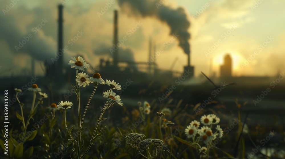 White daisies in the foreground contrast with a smoky industrial factory at sunrise. The image captures the tension between nature and industry, highlighting themes of environmental impact and