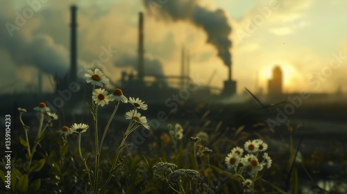Obraz na płótnie White daisies in the foreground contrast with a smoky industrial factory at sunrise. The image captures the tension between nature and industry, highlighting themes of environmental impact and w salonie
