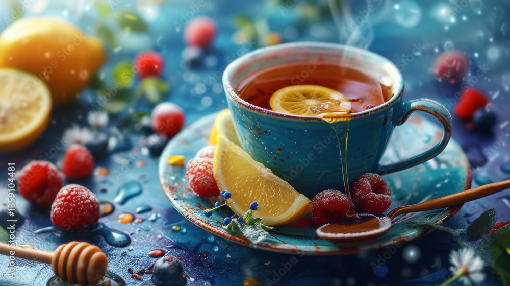 A steaming cup of tea with a slice of lemon, surrounded by fresh raspberries and blueberries. The colorful background and scattered honey droplets enhance the warmth and coziness of the scene, perfect