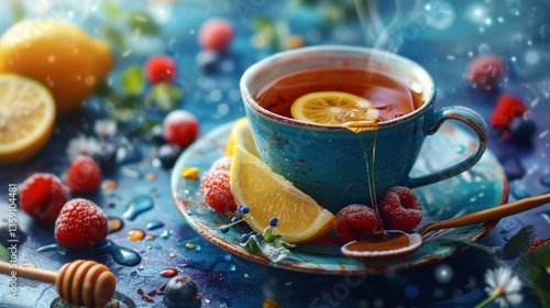 Obraz na płótnie A steaming cup of tea with a slice of lemon, surrounded by fresh raspberries and blueberries. The colorful background and scattered honey droplets enhance the warmth and coziness of the scene, perfect w salonie