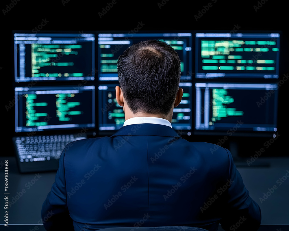 Man in suit reviewing code on multiple monitors in a dark room Man in suit reviewing code on multiple monitors in a dark room