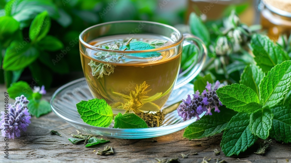A glass cup filled with herbal tea is beautifully presented with fresh herbs on a wooden surface. The close-up shot emphasizes the natural and organic qualities of the tea, perfect for health and A glass cup filled with herbal tea is beautifully presented with fresh herbs on a wooden surface. The close-up shot emphasizes the natural and organic qualities of the tea, perfect for health and