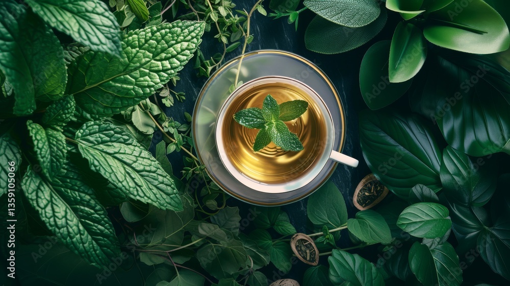 An overhead shot captures a cup of mint tea placed amidst a bed of fresh green leaves. The tea's golden hue and the vibrant greens create a visually appealing contrast, highlighting the natural and