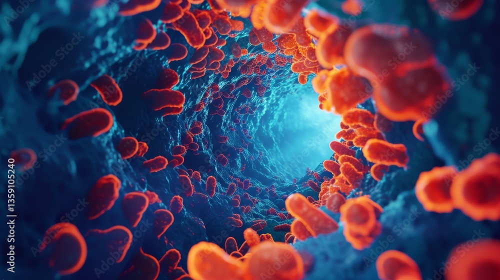 A striking 3D rendering that visualizes blood cells moving through a complex vascular structure. The detailed portrayal of the cellular environment within the blood vessel highlights the intricacies