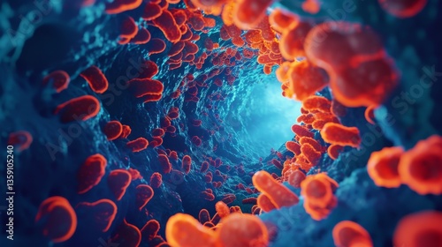 Obraz na płótnie A striking 3D rendering that visualizes blood cells moving through a complex vascular structure. The detailed portrayal of the cellular environment within the blood vessel highlights the intricacies w salonie