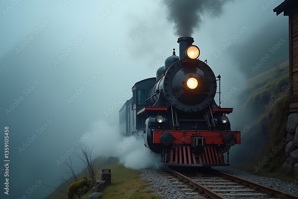 Obraz premium Nostalgic steam train journey in misty mountain view