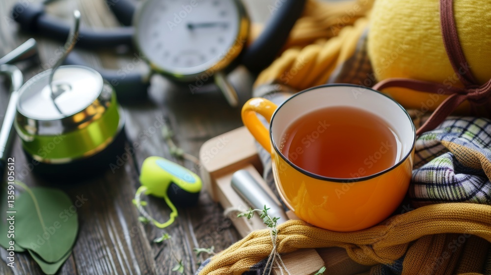 A vibrant yellow tea cup surrounded by various fitness accessories, creating a dynamic and energetic setup. Ideal for themes related to health, fitness, and active lifestyles.
