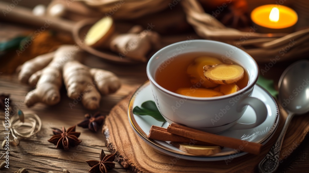 A steaming cup of herbal tea with fresh ginger slices and cinnamon sticks sits on a wooden table surrounded by ginger root and star anise. The warm, inviting scene suggests a soothing, flavorful drink