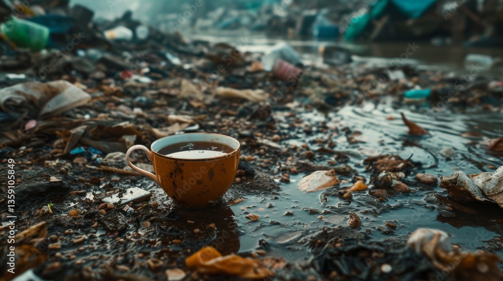 A lone teacup, partially filled with tea, placed in a muddy, trash-strewn environment. The cup