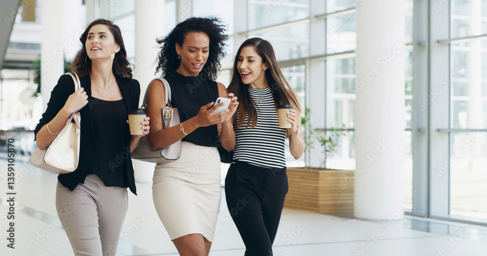 Fototapeta premium Businesswomen, coffee and team walking with phone in office for conversation. Happy workers, collaboration and friends with mobile for networking on social media online in creative startup on break