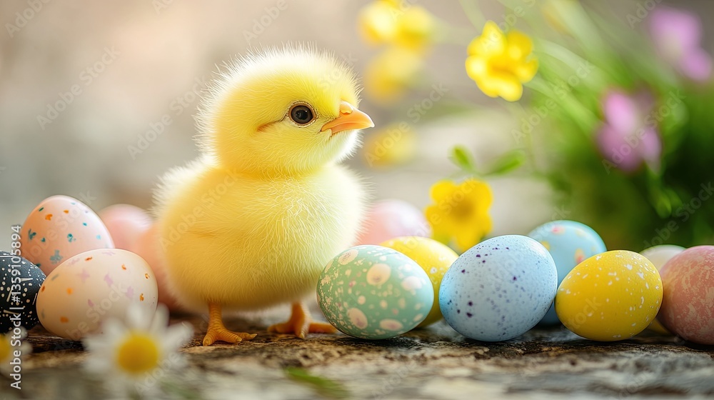 A tiny yellow chick surrounded by colorful Easter eggs, representing the spirit of spring and the Easter celebration
A tiny yellow chick surrounded by colorful Easter eggs, representing the spirit of spring and the Easter celebration