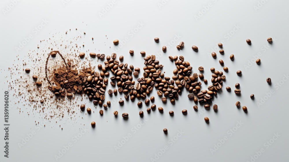 A scattered arrangement of coffee beans and ground coffee on a white surface. The composition showcases the texture and color contrast, perfect for themes related to coffee, brewing, and freshness.