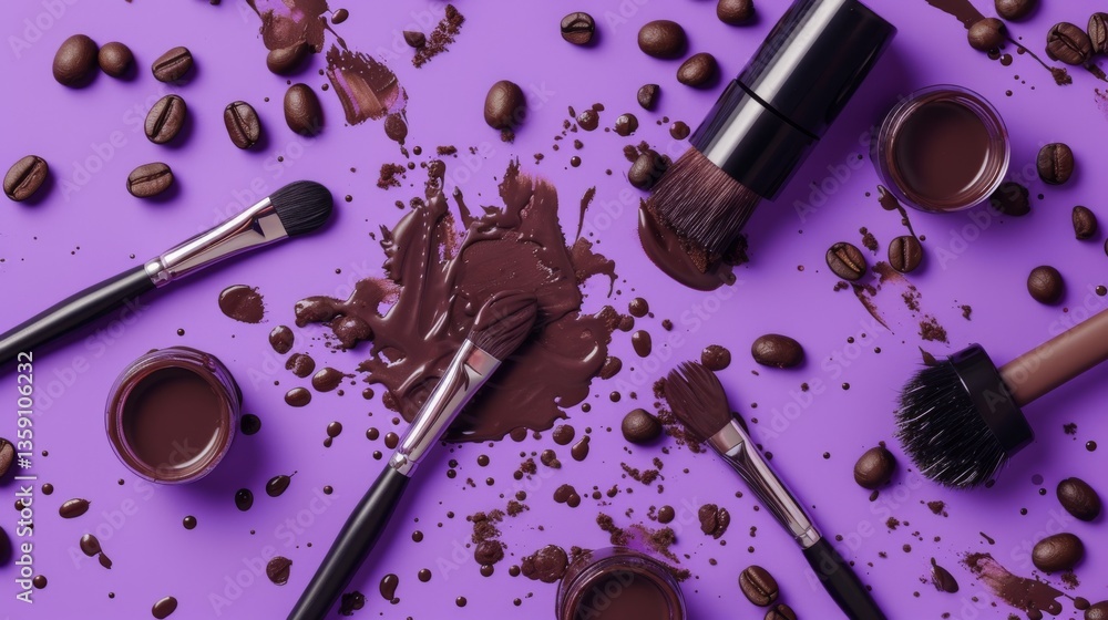 A dynamic flat lay of makeup items and coffee beans on a purple surface. The composition includes brushes, coffee cups, and scattered beans, ideal for beauty, lifestyle, and coffee-related content.