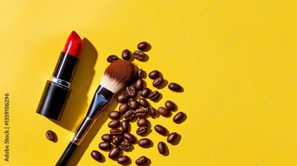A creative arrangement of a red lipstick, makeup brush, and scattered coffee beans on a bright yellow background. Ideal for beauty and lifestyle concepts, highlighting everyday elegance and creativity